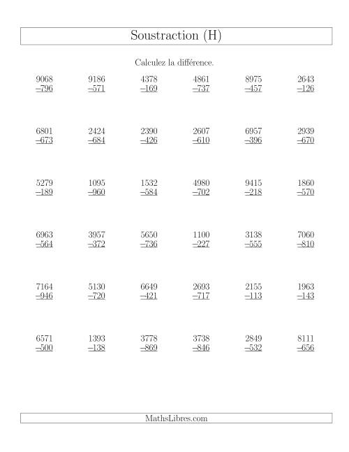 Soustraction Multi-Chiffres -- 4-chiffres moins 3-chiffres (36 par page) (H)
