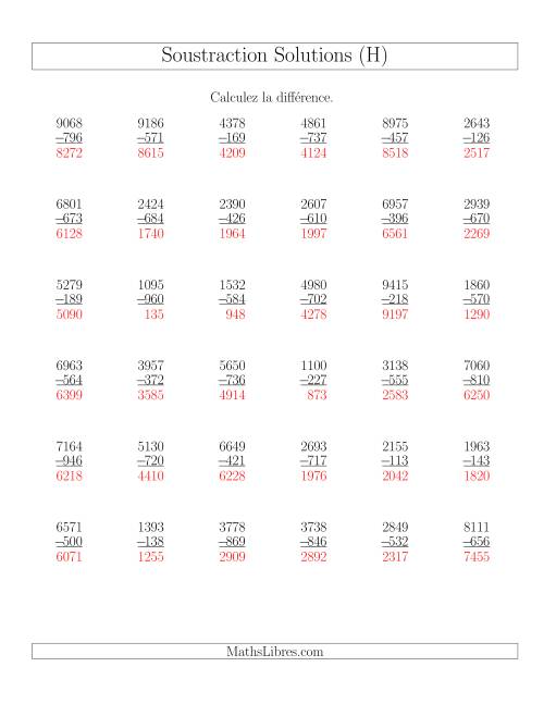 Soustraction Multi-Chiffres -- 4-chiffres moins 3-chiffres (36 par page) (H) page 2