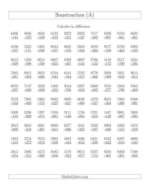 Soustraction Multi-Chiffres -- 4-chiffres moins 3-chiffres (100 par page) (A)
