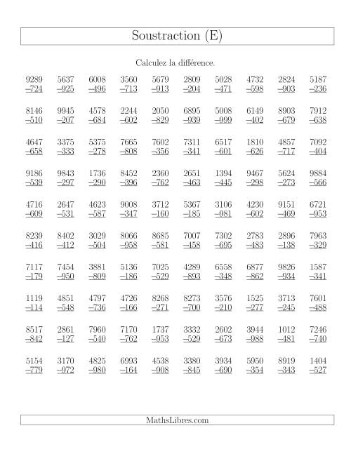 Soustraction Multi-Chiffres -- 4-chiffres moins 3-chiffres (100 par page) (E)