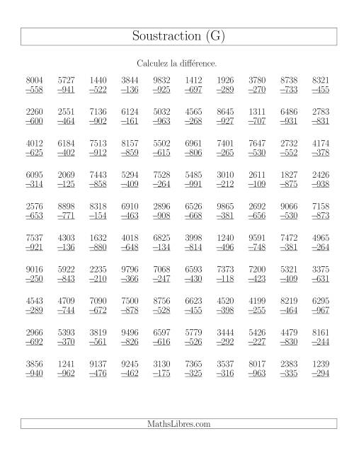 Soustraction Multi-Chiffres -- 4-chiffres moins 3-chiffres (100 par page) (G)