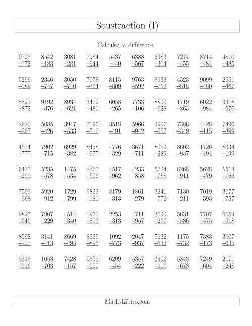 Soustraction Multi-Chiffres -- 4-chiffres moins 3-chiffres (100 par page) (I)