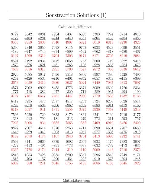 Soustraction Multi-Chiffres -- 4-chiffres moins 3-chiffres (100 par page) (I) page 2