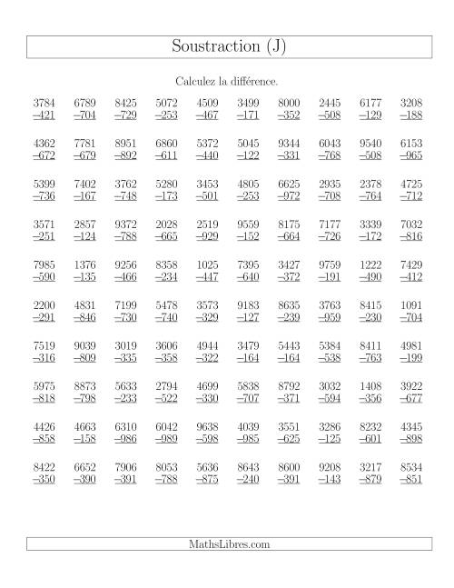 Soustraction Multi-Chiffres -- 4-chiffres moins 3-chiffres (100 par page) (J)