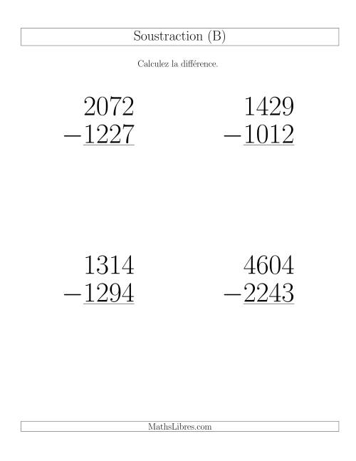 Soustraction Multi-Chiffres -- 4-chiffres moins 4-chiffres (36 par page) (B)