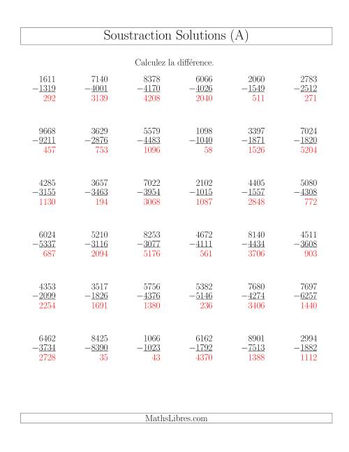 Soustraction Multi-Chiffres -- 4-chiffres moins 4-chiffres (36 par page) (A) page 2
