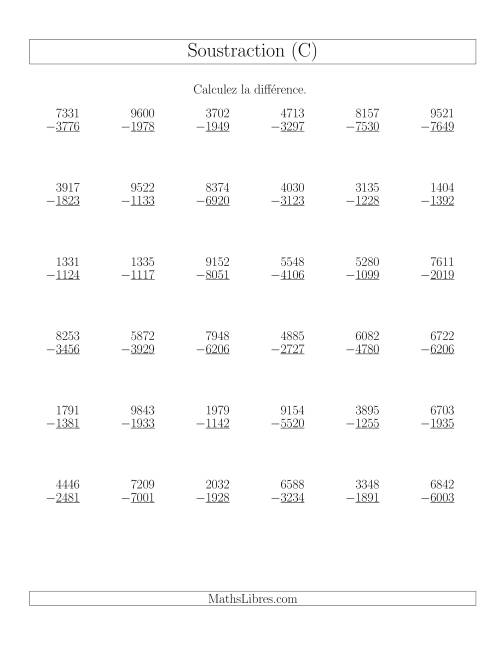 Soustraction Multi-Chiffres -- 4-chiffres moins 4-chiffres (36 par page) (C)