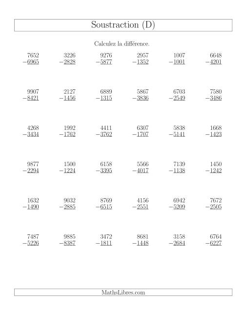 Soustraction Multi-Chiffres -- 4-chiffres moins 4-chiffres (36 par page) (D)