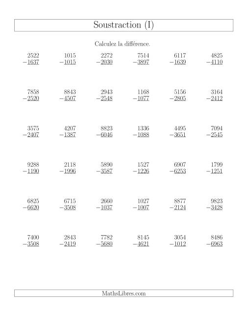 Soustraction Multi-Chiffres -- 4-chiffres moins 4-chiffres (36 par page) (I)