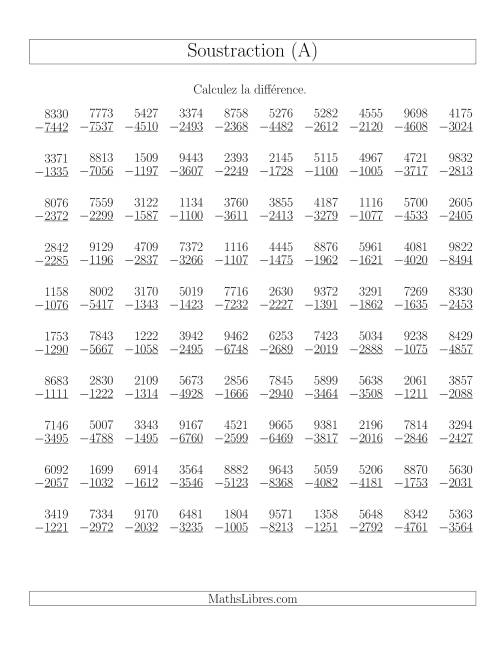 Soustraction Multi-Chiffres -- 4-chiffres moins 4-chiffres (100 par page) (A)