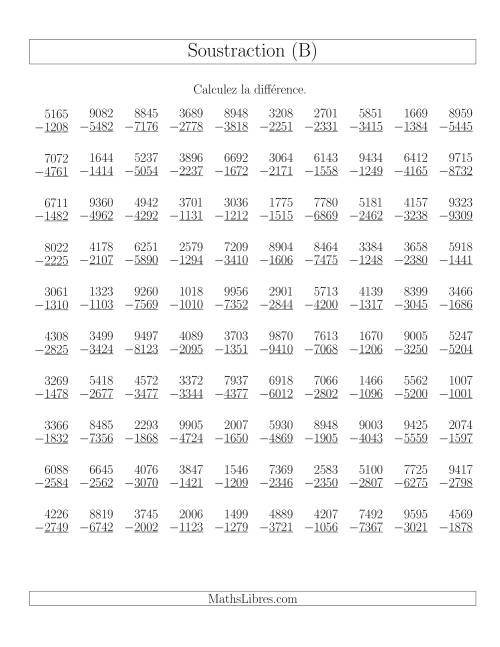 Soustraction Multi-Chiffres -- 4-chiffres moins 4-chiffres (100 par page) (B)
