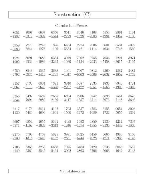 Soustraction Multi-Chiffres -- 4-chiffres moins 4-chiffres (100 par page) (C)