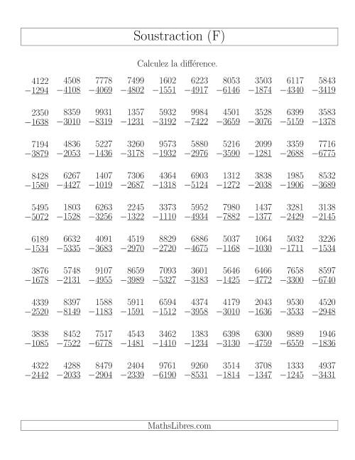 Soustraction Multi-Chiffres -- 4-chiffres moins 4-chiffres (100 par page) (F)