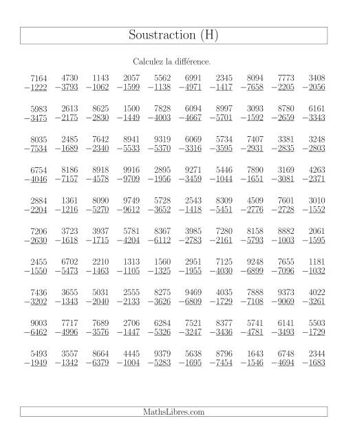 Soustraction Multi-Chiffres -- 4-chiffres moins 4-chiffres (100 par page) (H)