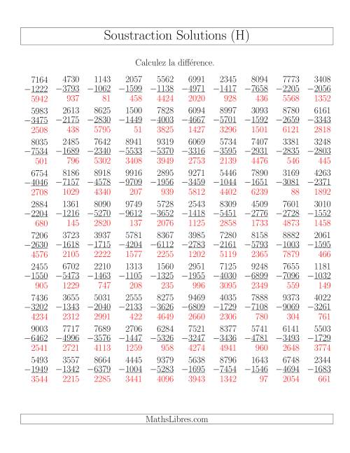 Soustraction Multi-Chiffres -- 4-chiffres moins 4-chiffres (100 par page) (H) page 2