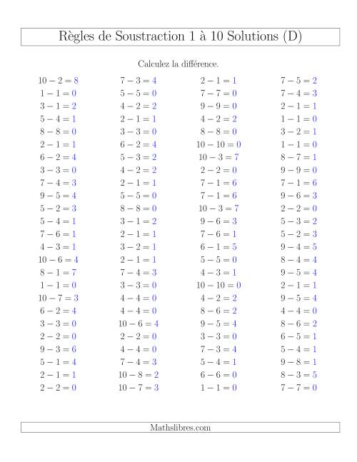 Soustraction 1 à 10 -- Horizontale (D) page 2