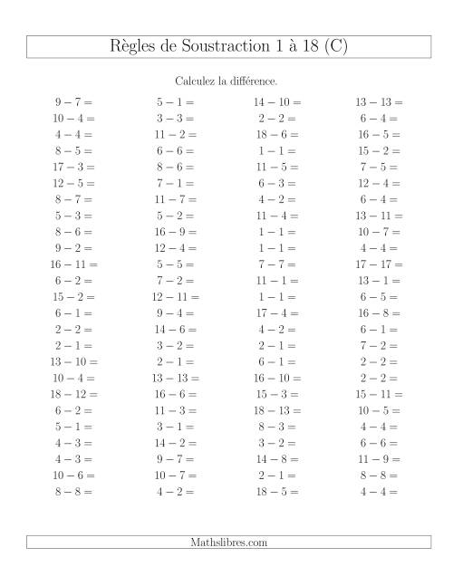 Soustraction 1 à 18 -- Horizontale (C)