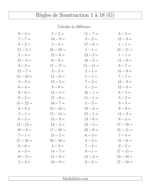 Soustraction 1 à 18 -- Horizontale (G)