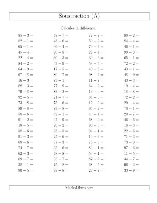 Soustraction Multi-Chiffres -- 2-chiffres moins 1-chiffre -- Hotizontale (A)