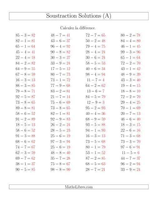 Soustraction Multi-Chiffres -- 2-chiffres moins 1-chiffre -- Hotizontale (A) page 2