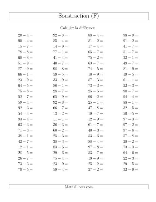 Soustraction Multi-Chiffres -- 2-chiffres moins 1-chiffre -- Hotizontale (F)