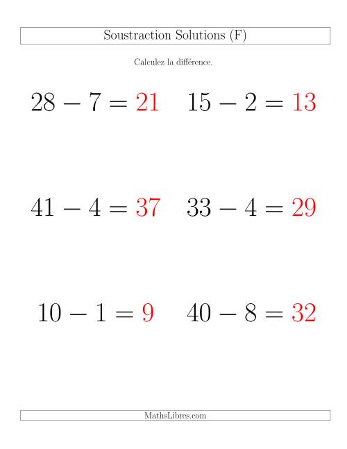 Soustraction Multi-Chiffres -- 2-chiffres moins 1-chiffre -- Hotizontale (F) page 2