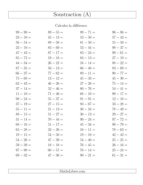 Soustraction Multi-Chiffres -- 2-chiffres moins 2-chiffres -- Hotizontale (A)