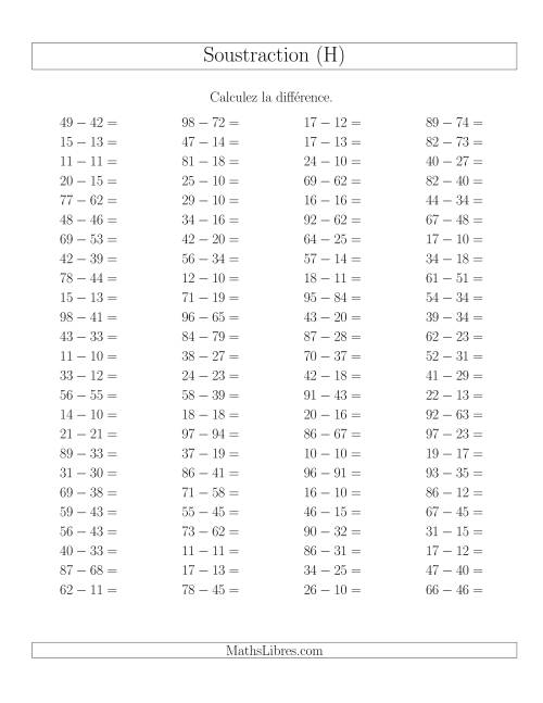 Soustraction Multi-Chiffres -- 2-chiffres moins 2-chiffres -- Hotizontale (H)