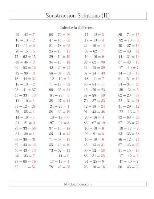 Soustraction Multi-Chiffres -- 2-chiffres moins 2-chiffres -- Hotizontale (H) page 2