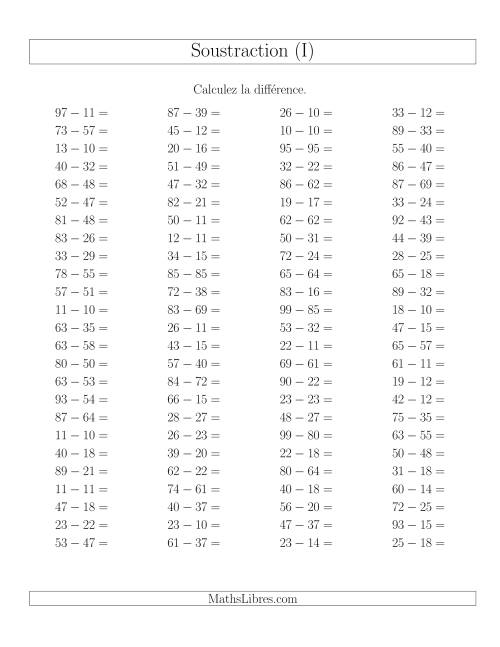 Soustraction Multi-Chiffres -- 2-chiffres moins 2-chiffres -- Hotizontale (I)