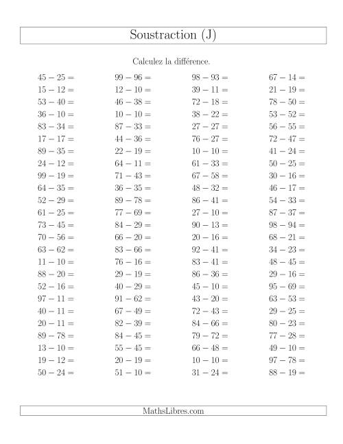 Soustraction Multi-Chiffres -- 2-chiffres moins 2-chiffres -- Hotizontale (J)