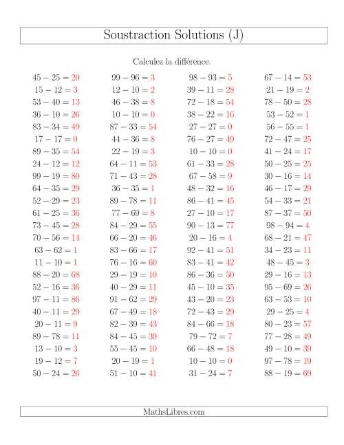 Soustraction Multi-Chiffres -- 2-chiffres moins 2-chiffres -- Hotizontale (J) page 2
