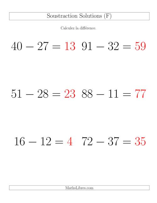 Soustraction Multi-Chiffres -- 2-chiffres moins 2-chiffres -- Hotizontale (F) page 2