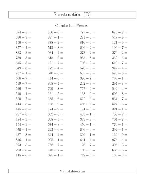 Soustraction Multi-Chiffres -- 3-chiffres moins 1-chiffre -- Hotizontale (B)