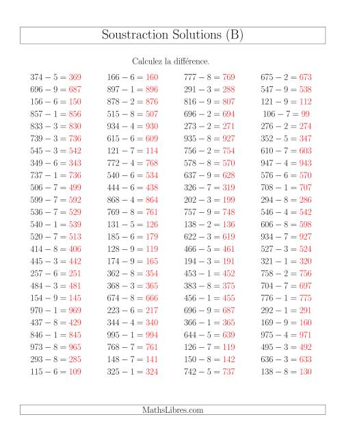 Soustraction Multi-Chiffres -- 3-chiffres moins 1-chiffre -- Hotizontale (B) page 2
