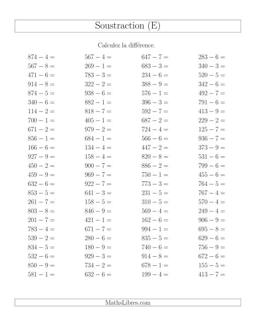 Soustraction Multi-Chiffres -- 3-chiffres moins 1-chiffre -- Hotizontale (E)