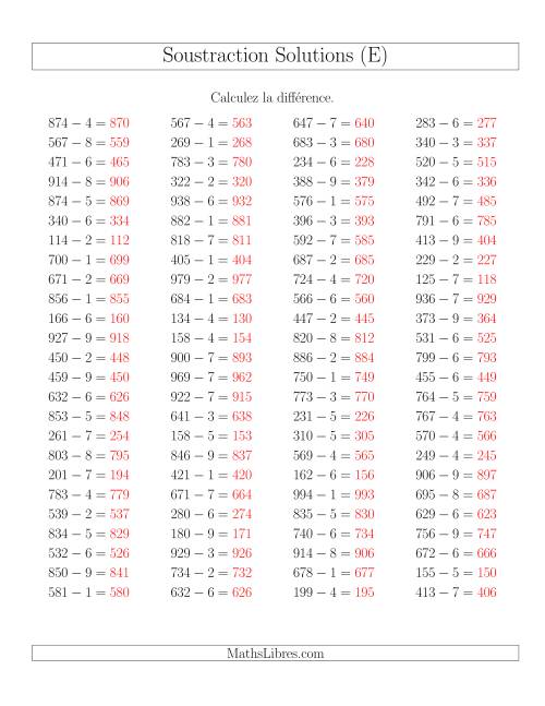 Soustraction Multi-Chiffres -- 3-chiffres moins 1-chiffre -- Hotizontale (E) page 2