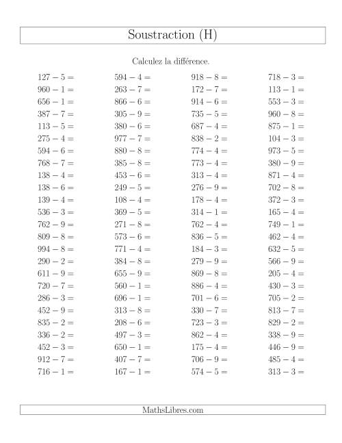 Soustraction Multi-Chiffres -- 3-chiffres moins 1-chiffre -- Hotizontale (H)