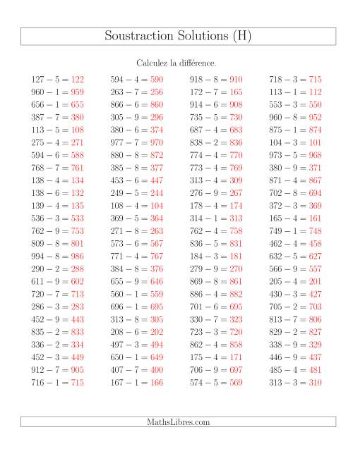 Soustraction Multi-Chiffres -- 3-chiffres moins 1-chiffre -- Hotizontale (H) page 2