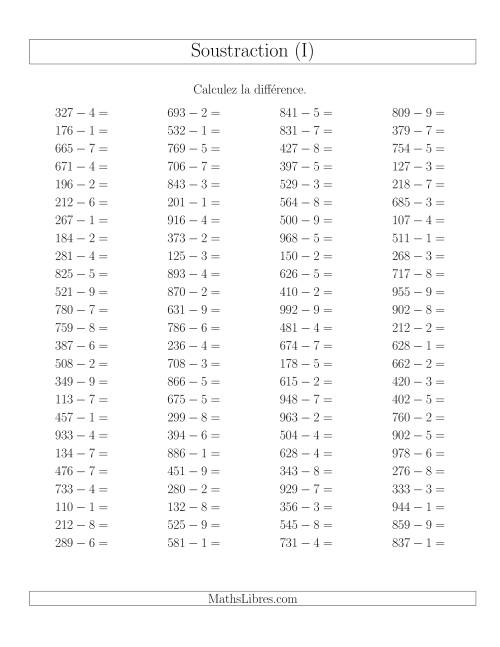 Soustraction Multi-Chiffres -- 3-chiffres moins 1-chiffre -- Hotizontale (I)
