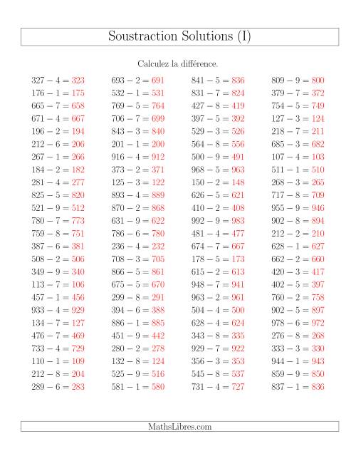 Soustraction Multi-Chiffres -- 3-chiffres moins 1-chiffre -- Hotizontale (I) page 2