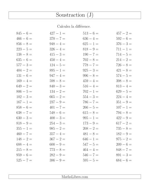 Soustraction Multi-Chiffres -- 3-chiffres moins 1-chiffre -- Hotizontale (J)
