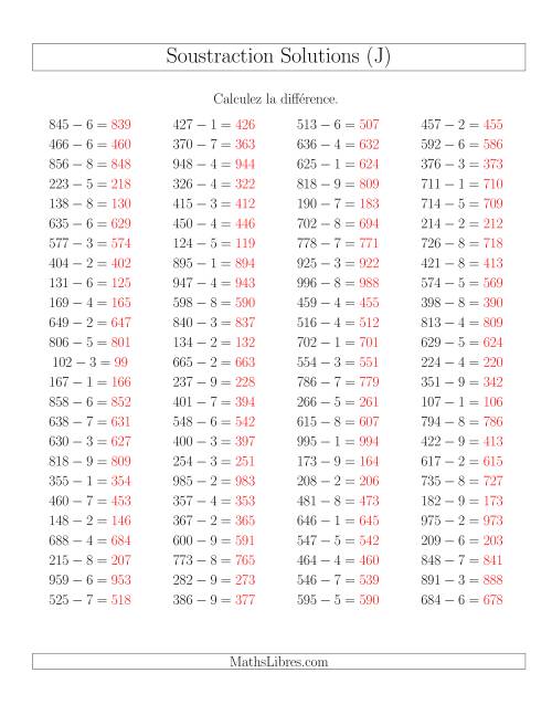 Soustraction Multi-Chiffres -- 3-chiffres moins 1-chiffre -- Hotizontale (J) page 2