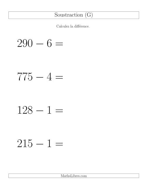 Soustraction Multi-Chiffres -- 3-chiffres moins 1-chiffre -- Hotizontale (G)