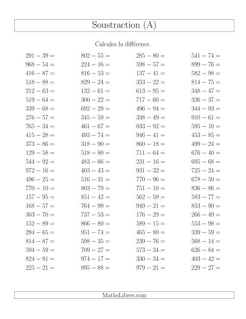 Soustraction Multi-Chiffres -- 3-chiffres moins 2-chiffres -- Hotizontale (A)