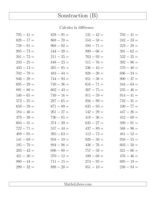 Soustraction Multi-Chiffres -- 3-chiffres moins 2-chiffres -- Hotizontale (B)