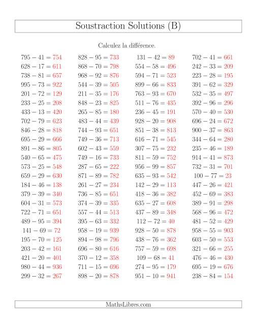 Soustraction Multi-Chiffres -- 3-chiffres moins 2-chiffres -- Hotizontale (B) page 2