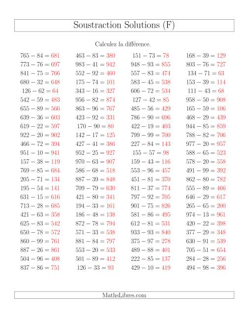 Soustraction Multi-Chiffres -- 3-chiffres moins 2-chiffres -- Hotizontale (F) page 2