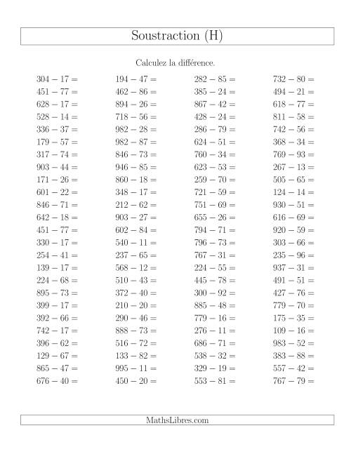 Soustraction Multi-Chiffres -- 3-chiffres moins 2-chiffres -- Hotizontale (H)