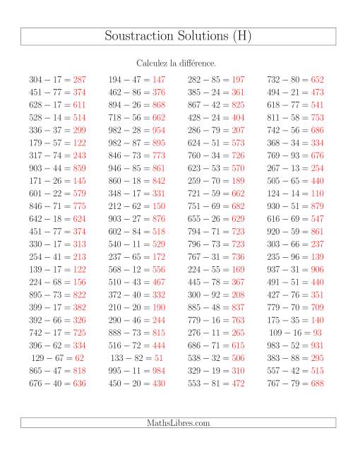 Soustraction Multi-Chiffres -- 3-chiffres moins 2-chiffres -- Hotizontale (H) page 2